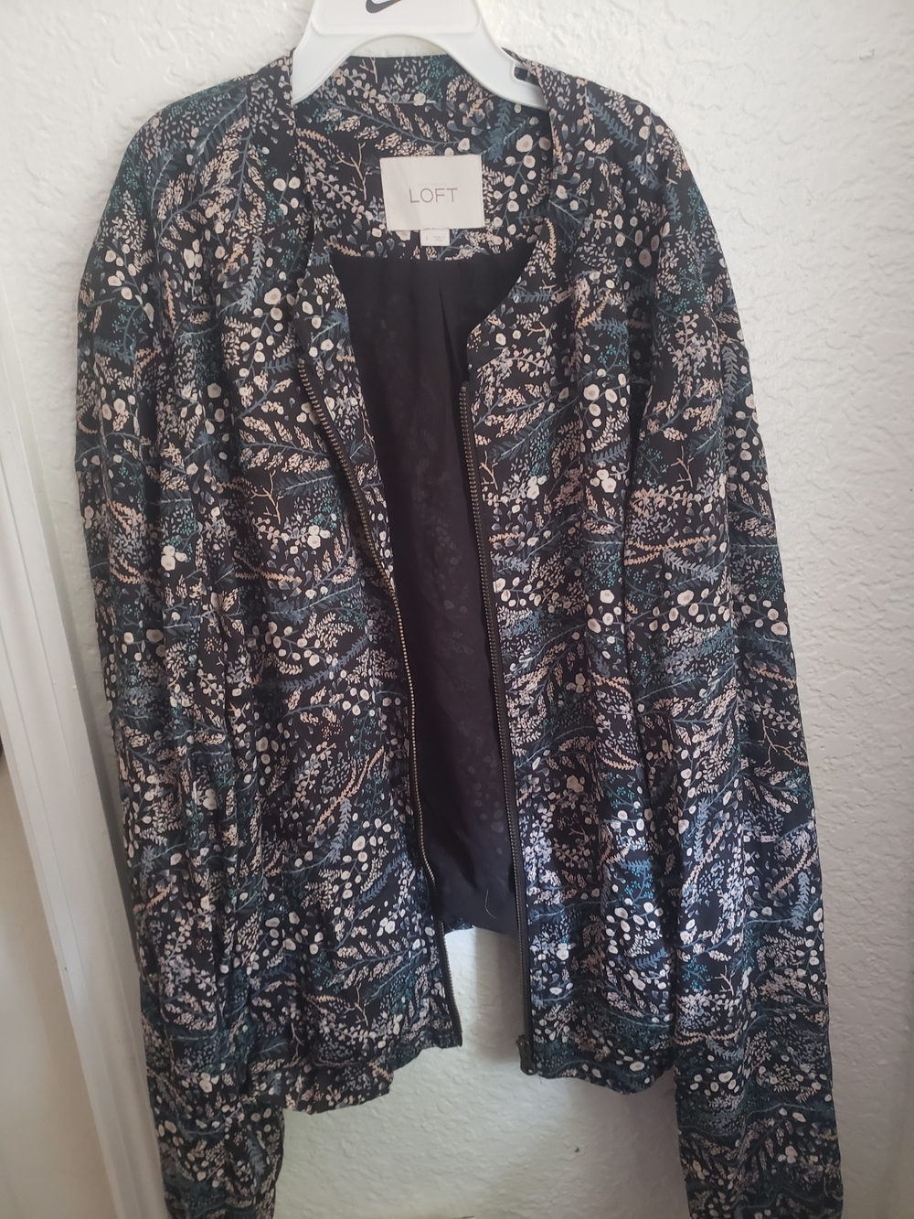 LOFT Navy Botanical Zip Bomber Jacket